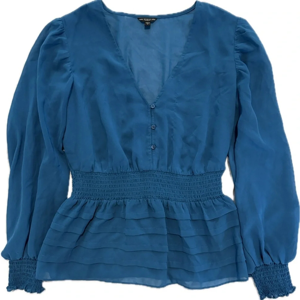 Guess Teal V-Neck Blouse Sz Small - Picture 1 of 9